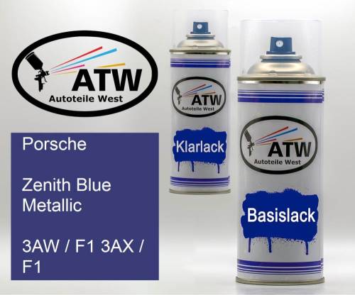 Porsche, Zenith Blue Metallic, 3AW / F1 3AX / F1: 400ml Sprühdose + 400ml Klarlack - Set, von ATW Autoteile West.